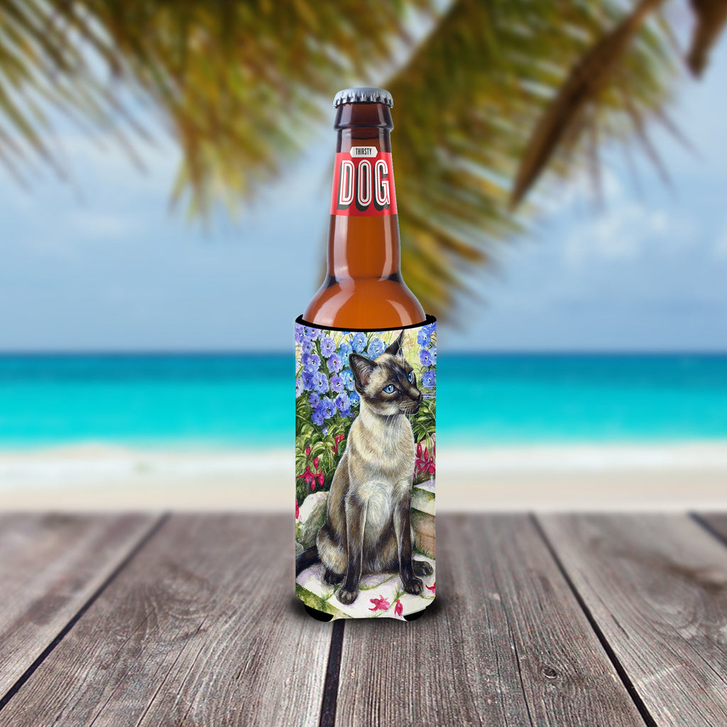 Siamese cat in the Garden Slim Can Hugger , Insulated Foam Hugger for 12 oz Slim Cans, Beer Bottles & Water Bottles, Printed in USA