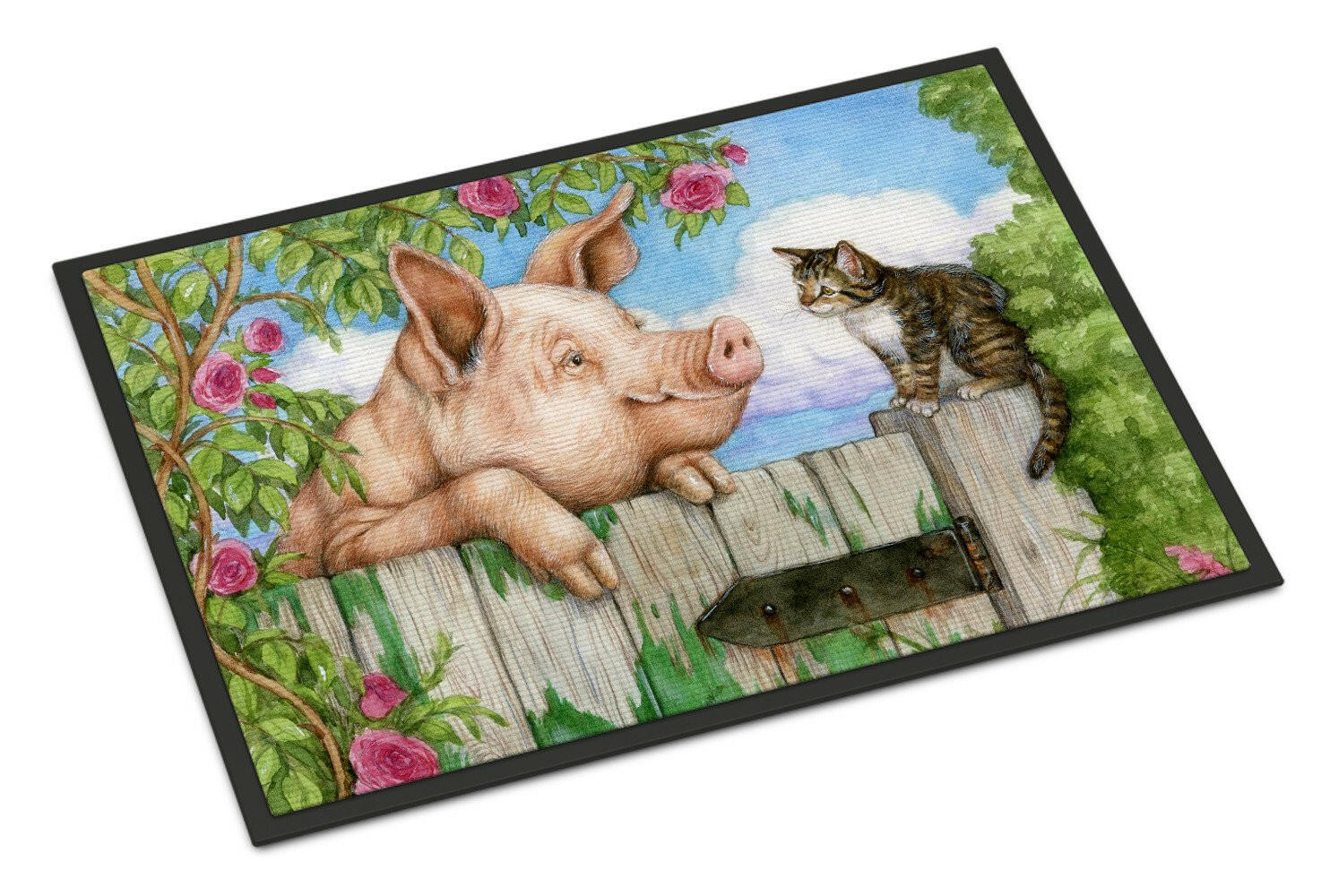 Pig at the Gate with the Cat Doormat Indoor Outdoor 24H X 36W Front Door Mat Rugs for Entryway, Non Slip Washable Low Pile,