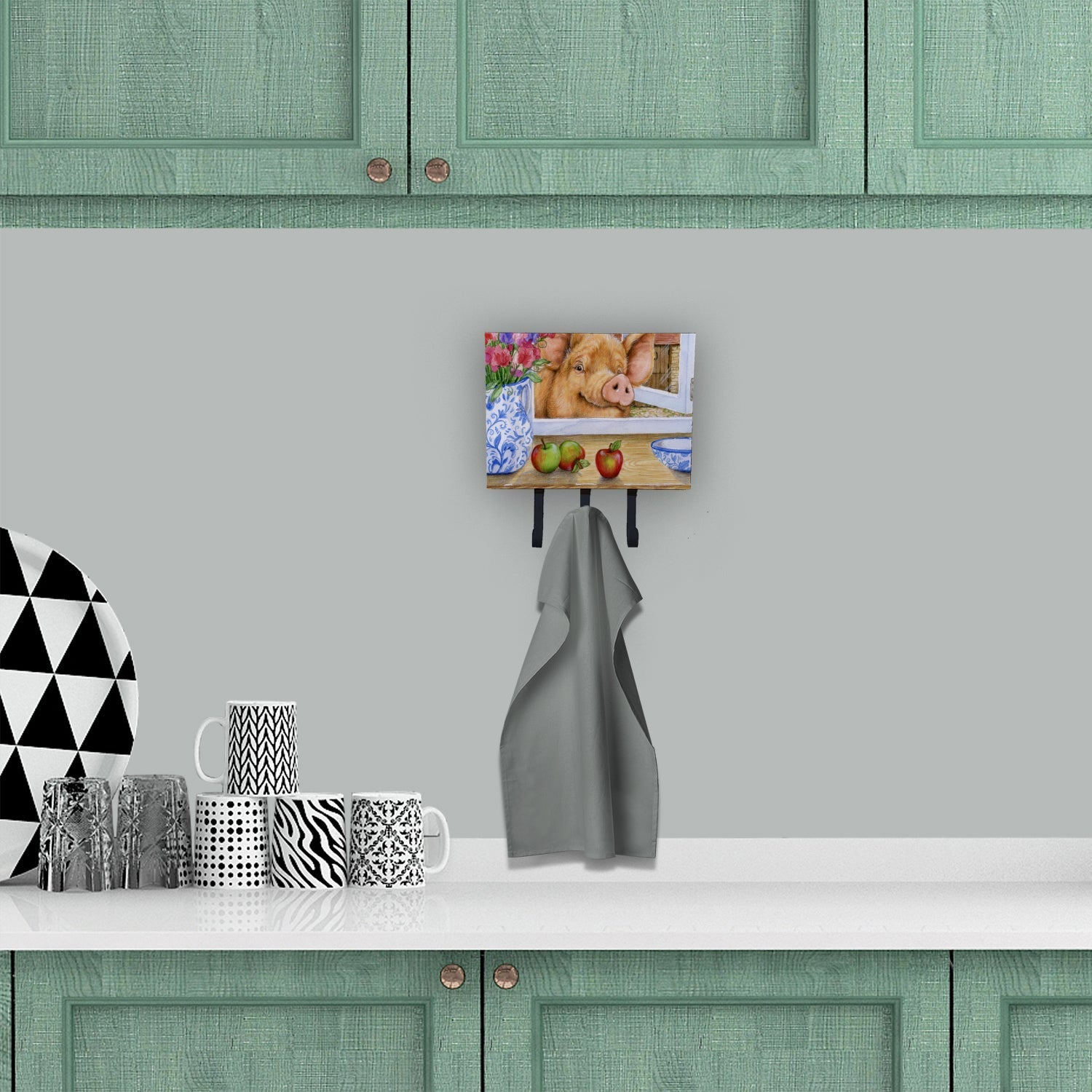 Pig trying to reach the Apple in the Window Leash or Key Holder Wall Hooks, Coat Rack Wall Mount, for Hanging Keys, Towels, Aprons, Leashes