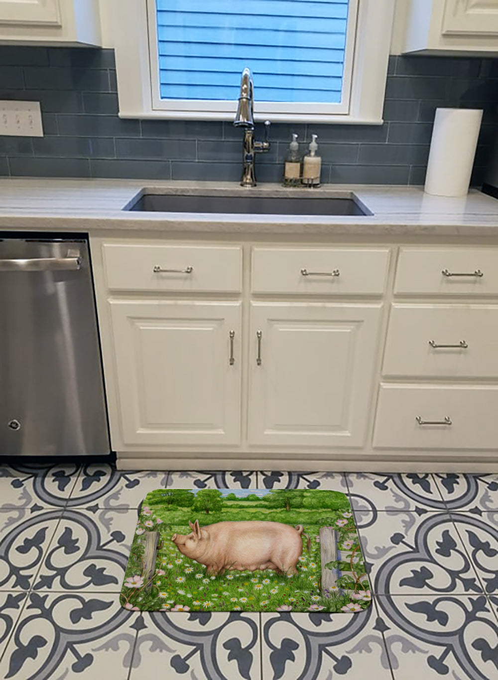 Pig In Dasies by Debbie Cook Memory Foam Kitchen Mat Machine Washable Anti-Fatigue Cushion Comfort Bath or Kitchen Rug