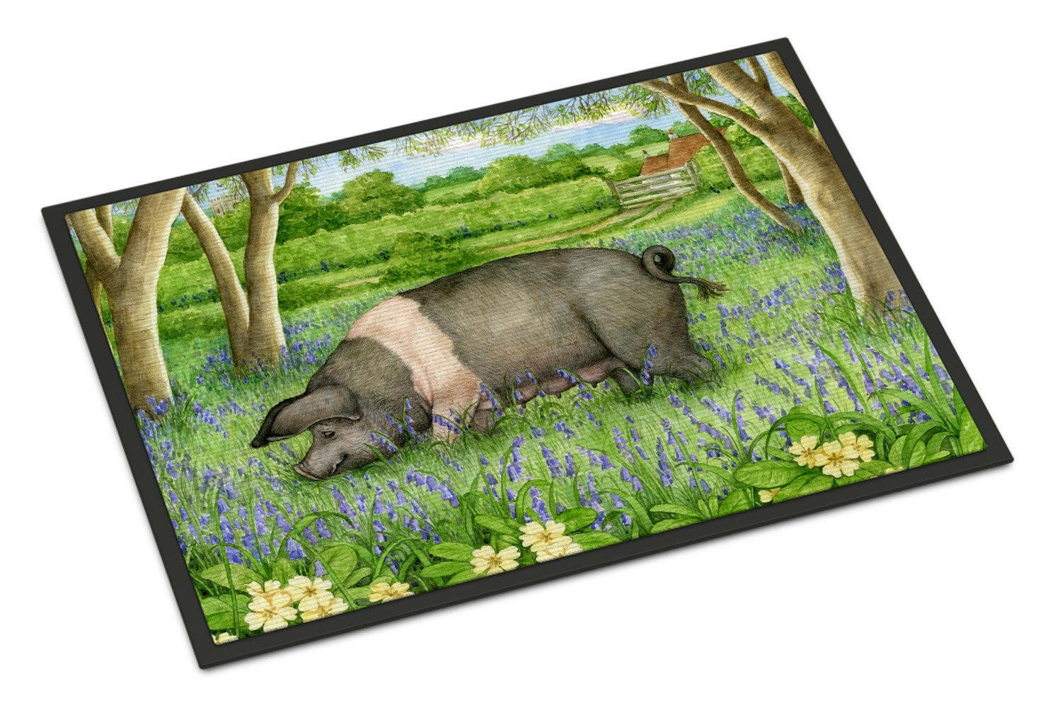 Pig In Bluebells by Debbie Cook Doormat Indoor Outdoor 18H X 27W Front Door Mat Rugs for Entryway, Non Slip Washable
