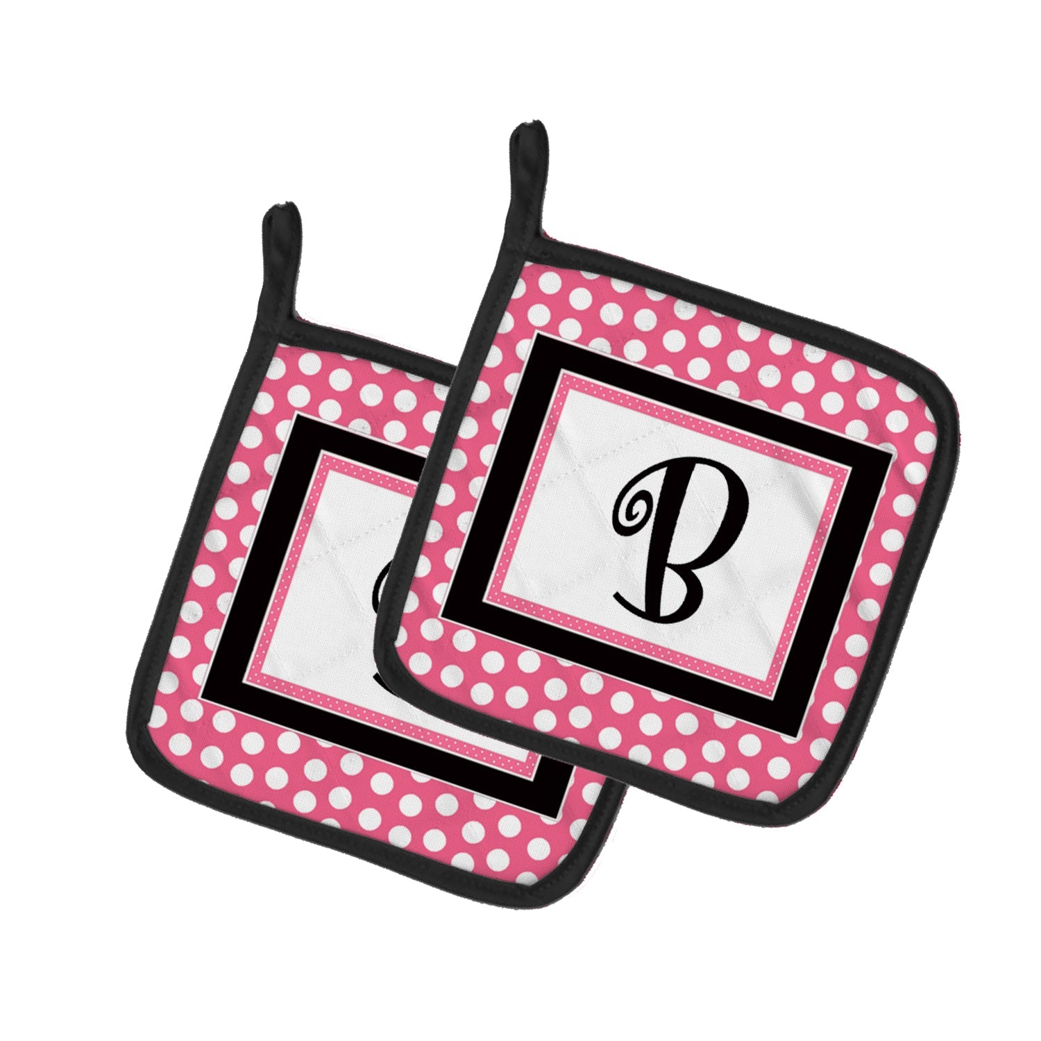 Letter B Monogram - Pink Black Polka Dots Pot Holder Set of 2 Heat Resistant Quilted Hot Pads 7.5 x 7.5 Inch, Insulated Kitchen Trivets for Cooking & Baking