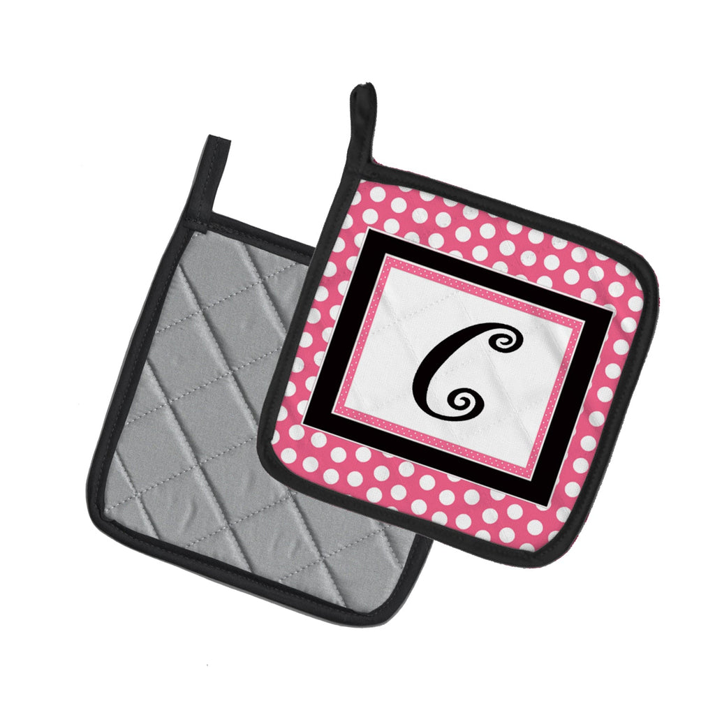 Letter C Monogram - Pink Black Polka Dots Pot Holder Set of 2 Heat Resistant Quilted Hot Pads 7.5 x 7.5 Inch, Insulated Kitchen Trivets for Cooking & Baking