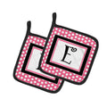 Letter E Monogram - Pink Black Polka Dots Pot Holder Set of 2 Heat Resistant Quilted Hot Pads 7.5 x 7.5 Inch, Insulated Kitchen Trivets for Cooking & Baking