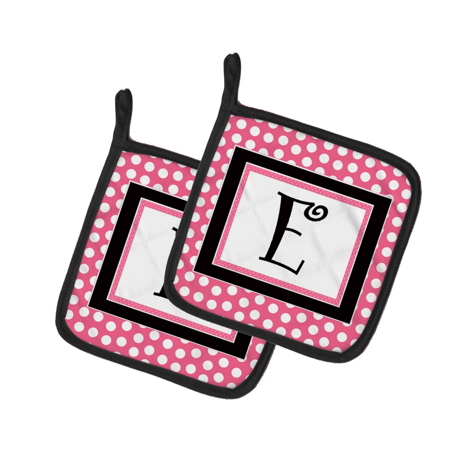 Letter E Monogram - Pink Black Polka Dots Pot Holder Set of 2 Heat Resistant Quilted Hot Pads 7.5 x 7.5 Inch, Insulated Kitchen Trivets for Cooking & Baking