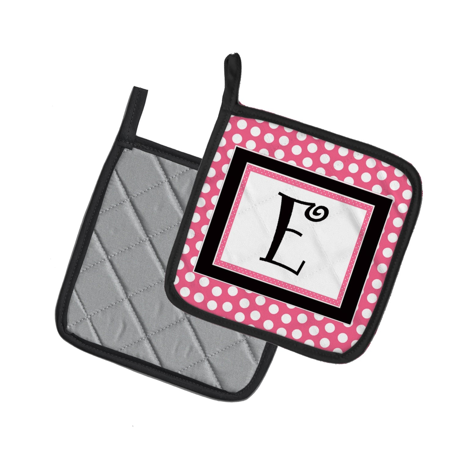 Letter E Monogram - Pink Black Polka Dots Pot Holder Set of 2 Heat Resistant Quilted Hot Pads 7.5 x 7.5 Inch, Insulated Kitchen Trivets for Cooking & Baking