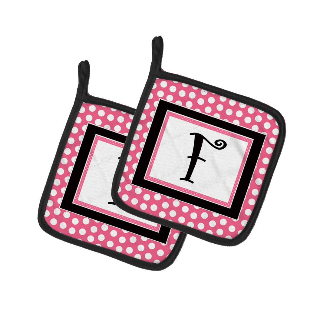 Letter F Monogram - Pink Black Polka Dots Pot Holder Set of 2 Heat Resistant Quilted Hot Pads 7.5 x 7.5 Inch, Insulated Kitchen Trivets for Cooking & Baking