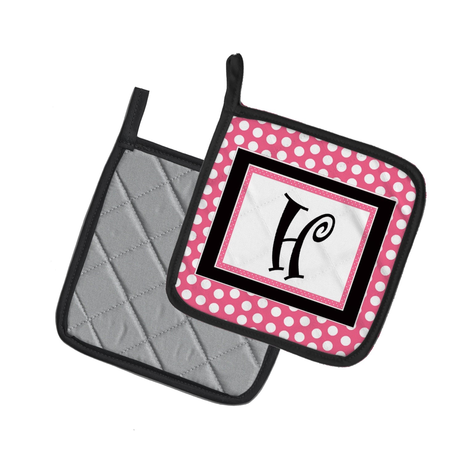 Letter H Monogram - Pink Black Polka Dots Pot Holder Set of 2 Heat Resistant Quilted Hot Pads 7.5 x 7.5 Inch, Insulated Kitchen Trivets for Cooking & Baking