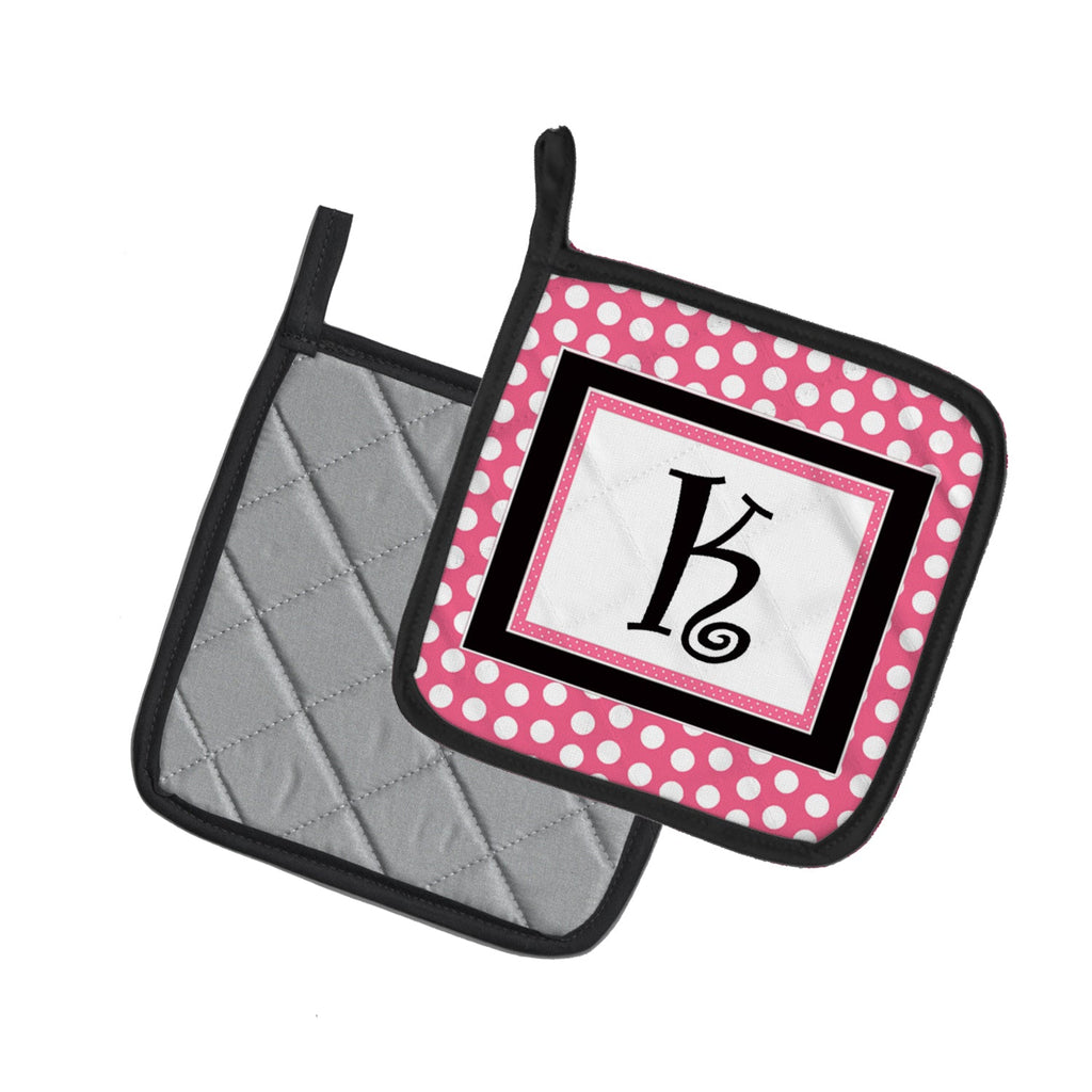 Letter K Monogram - Pink Black Polka Dots Pot Holder Set of 2 Heat Resistant Quilted Hot Pads 7.5 x 7.5 Inch, Insulated Kitchen Trivets for Cooking & Baking