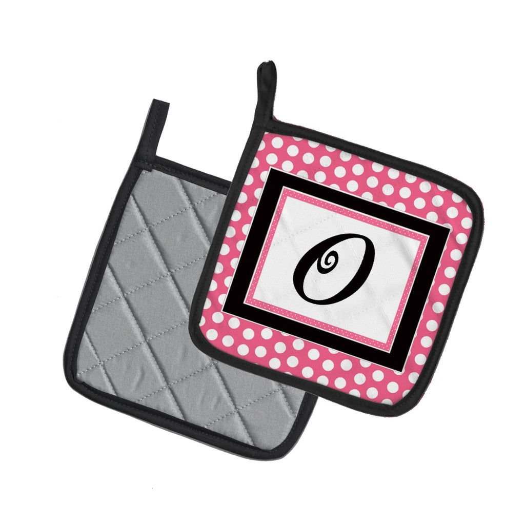 Letter O Monogram - Pink Black Polka Dots Pot Holder Set of 2 Heat Resistant Quilted Hot Pads 7.5 x 7.5 Inch, Insulated Kitchen Trivets for Cooking & Baking