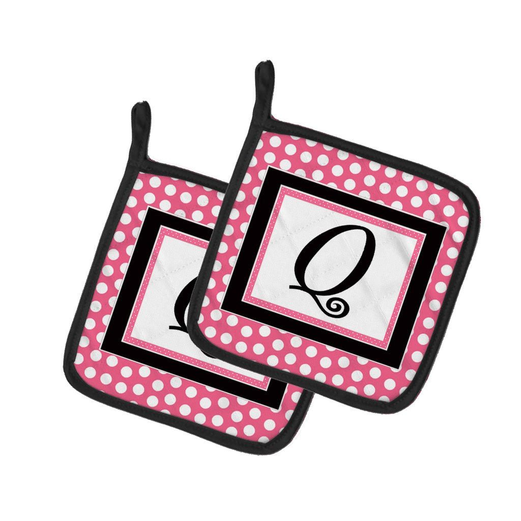 Letter Q Monogram - Pink Black Polka Dots Pot Holder Set of 2 Heat Resistant Quilted Hot Pads 7.5 x 7.5 Inch, Insulated Kitchen Trivets for Cooking & Baking
