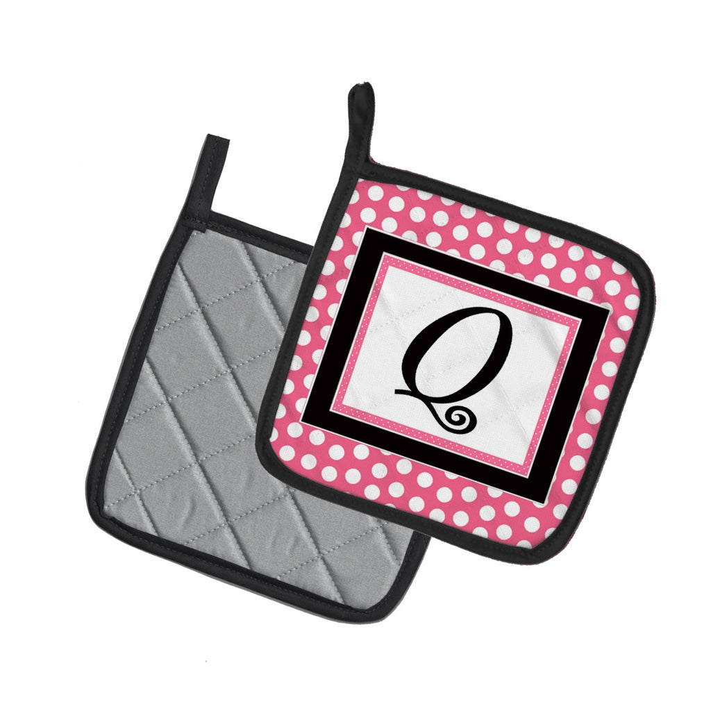 Letter Q Monogram - Pink Black Polka Dots Pot Holder Set of 2 Heat Resistant Quilted Hot Pads 7.5 x 7.5 Inch, Insulated Kitchen Trivets for Cooking & Baking