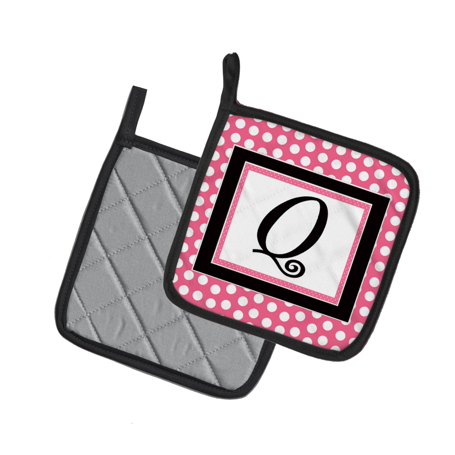 Letter Q Monogram - Pink Black Polka Dots Pot Holder Set of 2 Heat Resistant Quilted Hot Pads 7.5 x 7.5 Inch, Insulated Kitchen Trivets for Cooking & Baking