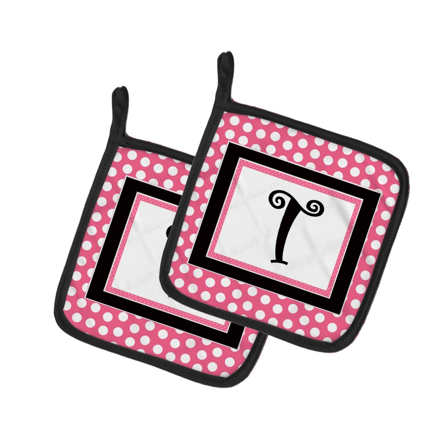 Letter T Monogram - Pink Black Polka Dots Pot Holder Set of 2 Heat Resistant Quilted Hot Pads 7.5 x 7.5 Inch, Insulated Kitchen Trivets for Cooking & Baking