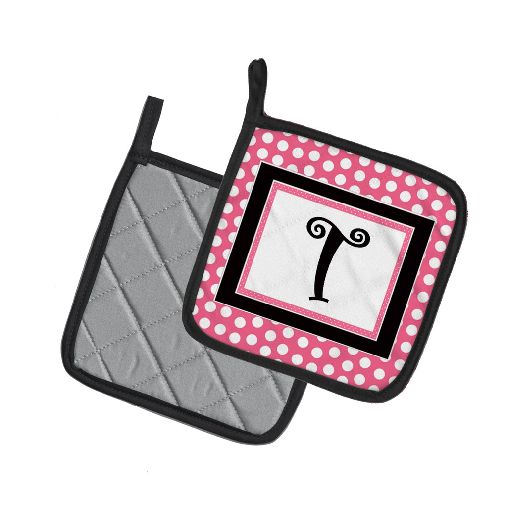 Letter T Monogram - Pink Black Polka Dots Pot Holder Set of 2 Heat Resistant Quilted Hot Pads 7.5 x 7.5 Inch, Insulated Kitchen Trivets for Cooking & Baking
