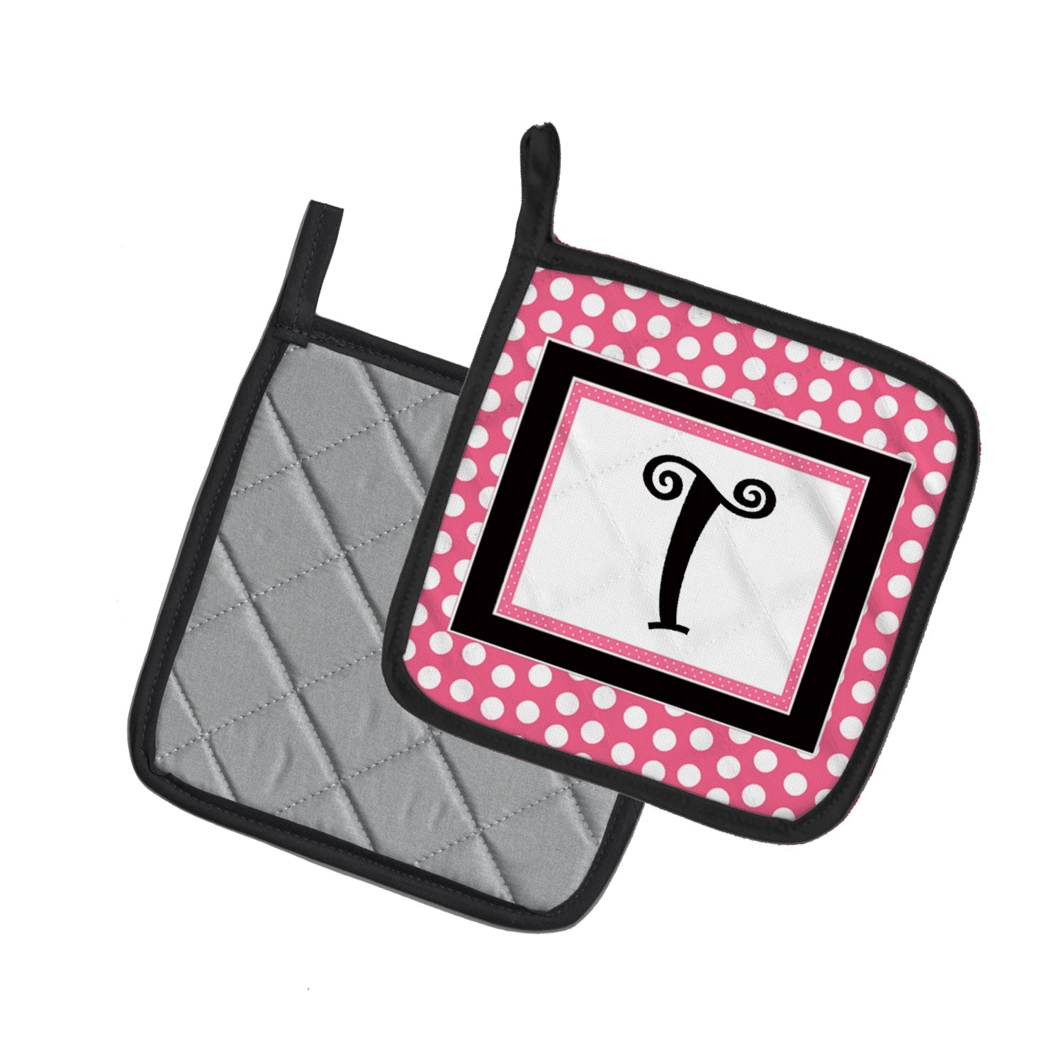 Letter T Monogram - Pink Black Polka Dots Pot Holder Set of 2 Heat Resistant Quilted Hot Pads 7.5 x 7.5 Inch, Insulated Kitchen Trivets for Cooking & Baking