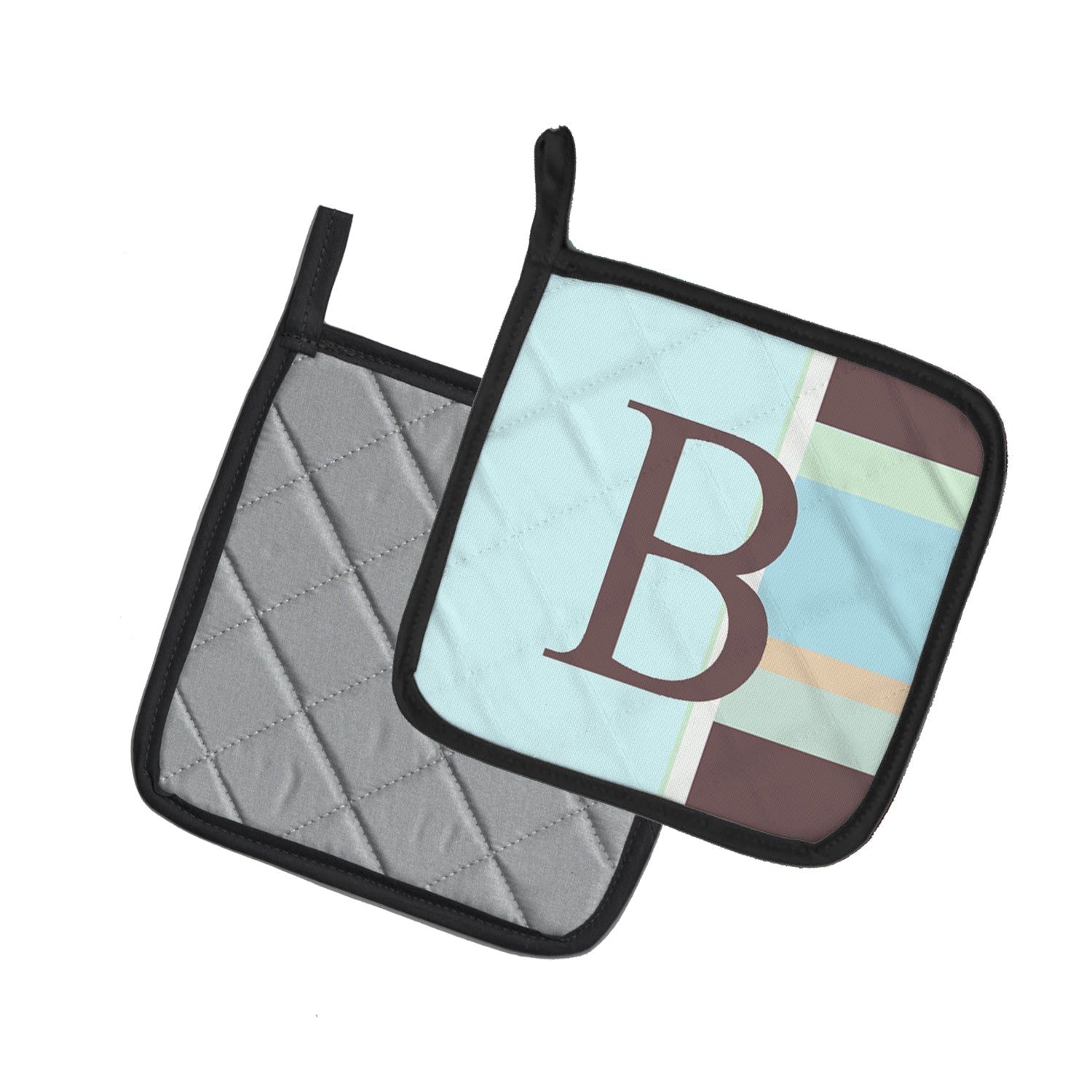 Letter B Initial Monogram - Blue Stripes Pot Holder Set of 2 Heat Resistant Quilted Hot Pads 7.5 x 7.5 Inch, Insulated Kitchen Trivets for Cooking & Baking