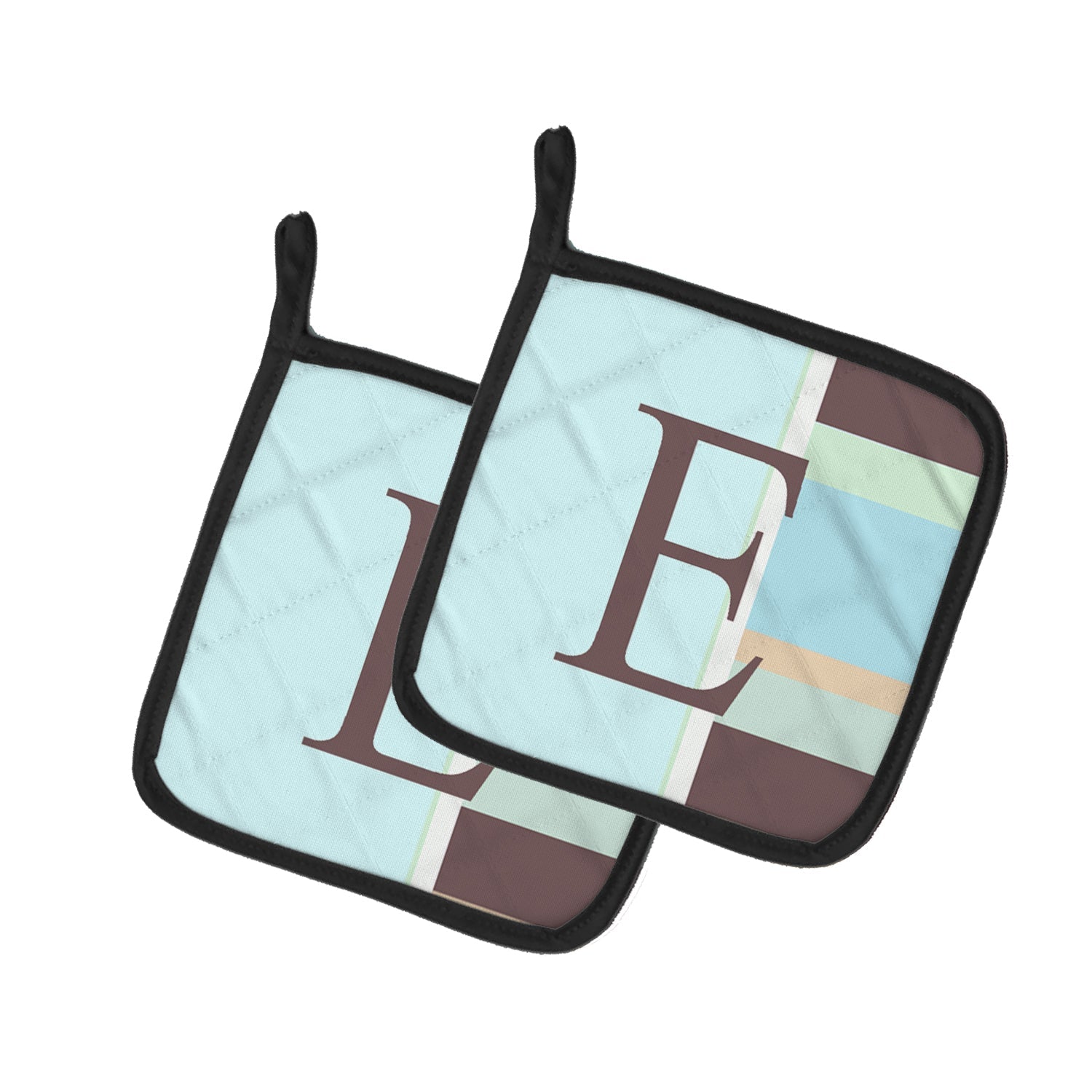 Letter E Initial Monogram - Blue Stripes Pot Holder Set of 2 Heat Resistant Quilted Hot Pads 7.5 x 7.5 Inch, Insulated Kitchen Trivets for Cooking & Baking