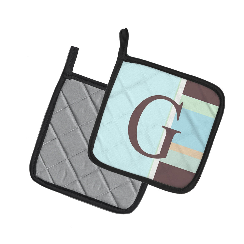 Letter G Initial Monogram - Blue Stripes Pot Holder Set of 2 Heat Resistant Quilted Hot Pads 7.5 x 7.5 Inch, Insulated Kitchen Trivets for Cooking & Baking
