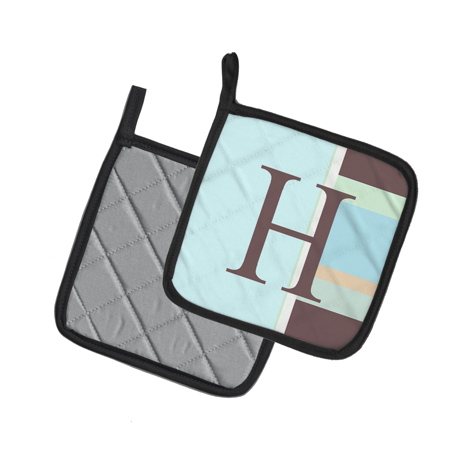 Letter H Initial Monogram - Blue Stripes Pot Holder Set of 2 Heat Resistant Quilted Hot Pads 7.5 x 7.5 Inch, Insulated Kitchen Trivets for Cooking & Baking