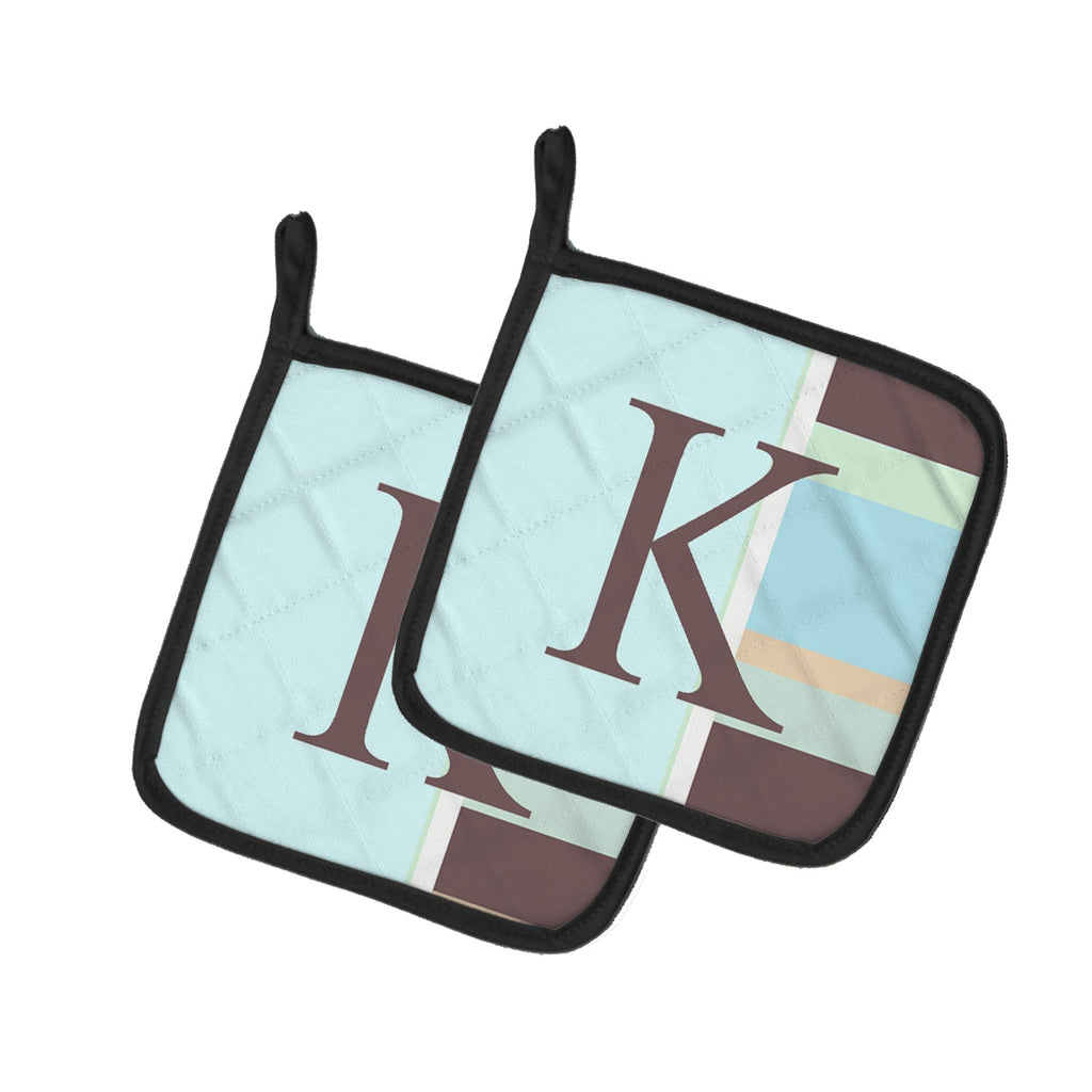 Letter K Initial Monogram - Blue Stripes Pot Holder Set of 2 Heat Resistant Quilted Hot Pads 7.5 x 7.5 Inch, Insulated Kitchen Trivets for Cooking & Baking