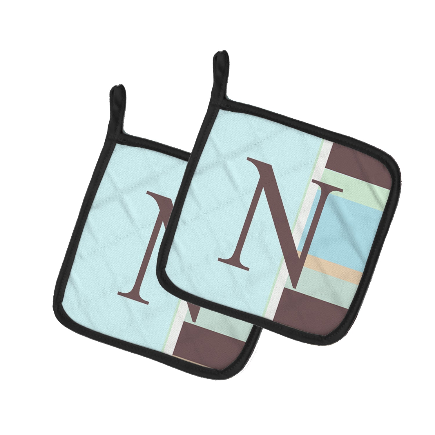 Letter N Initial Monogram - Blue Stripes Pot Holder Set of 2 Heat Resistant Quilted Hot Pads 7.5 x 7.5 Inch, Insulated Kitchen Trivets for Cooking & Baking