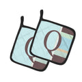 Letter Q Initial Monogram - Blue Stripes Pot Holder Set of 2 Heat Resistant Quilted Hot Pads 7.5 x 7.5 Inch, Insulated Kitchen Trivets for Cooking & Baking
