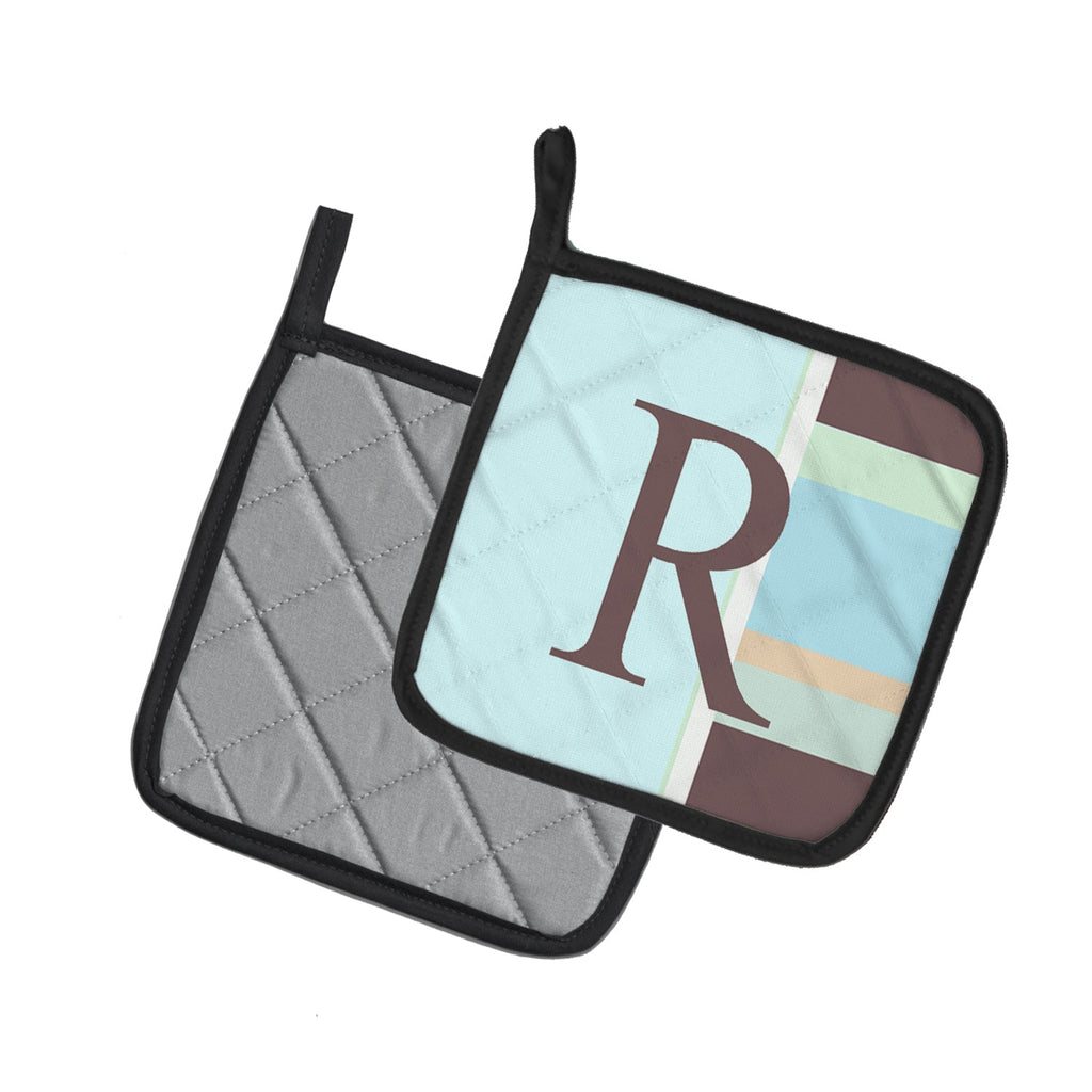 Letter R Initial Monogram - Blue Stripes Pot Holder Set of 2 Heat Resistant Quilted Hot Pads 7.5 x 7.5 Inch, Insulated Kitchen Trivets for Cooking & Baking