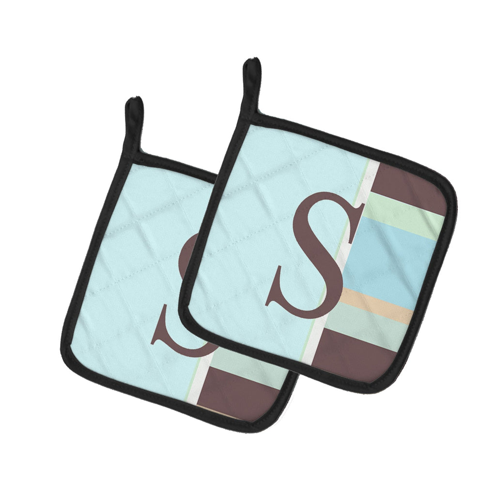 Letter S Initial Monogram - Blue Stripes Pot Holder Set of 2 Heat Resistant Quilted Hot Pads 7.5 x 7.5 Inch, Insulated Kitchen Trivets for Cooking & Baking
