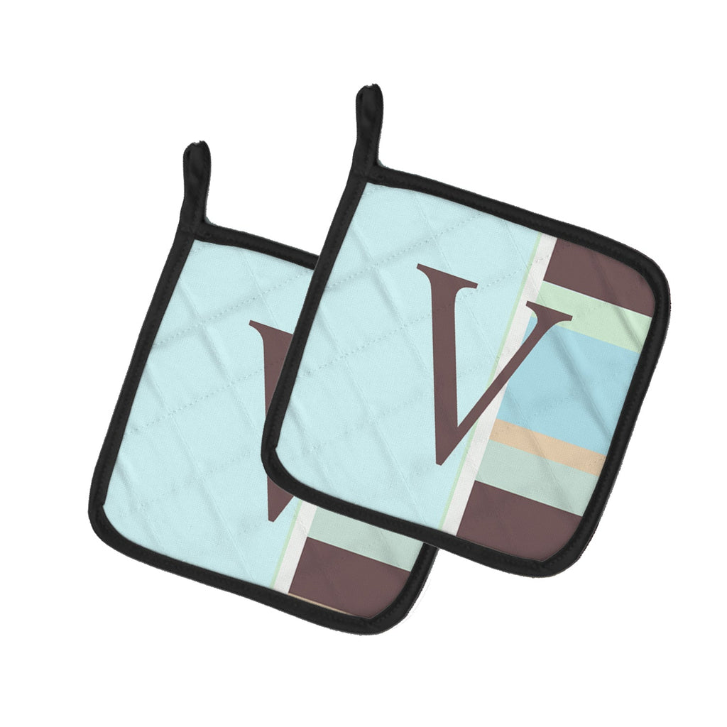 Letter V Initial Monogram - Blue Stripes Pot Holder Set of 2 Heat Resistant Quilted Hot Pads 7.5 x 7.5 Inch, Insulated Kitchen Trivets for Cooking & Baking