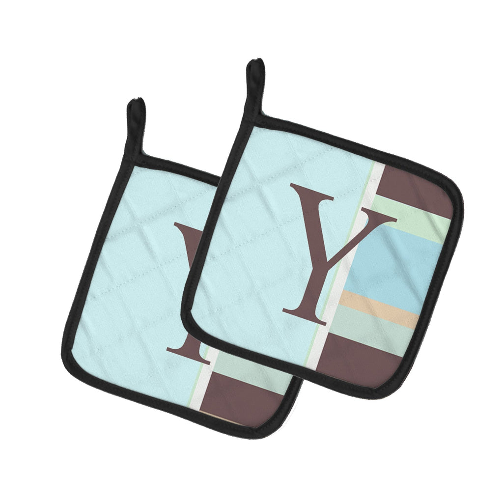 Letter Y Initial Monogram - Blue Stripes Pot Holder Set of 2 Heat Resistant Quilted Hot Pads 7.5 x 7.5 Inch, Insulated Kitchen Trivets for Cooking & Baking