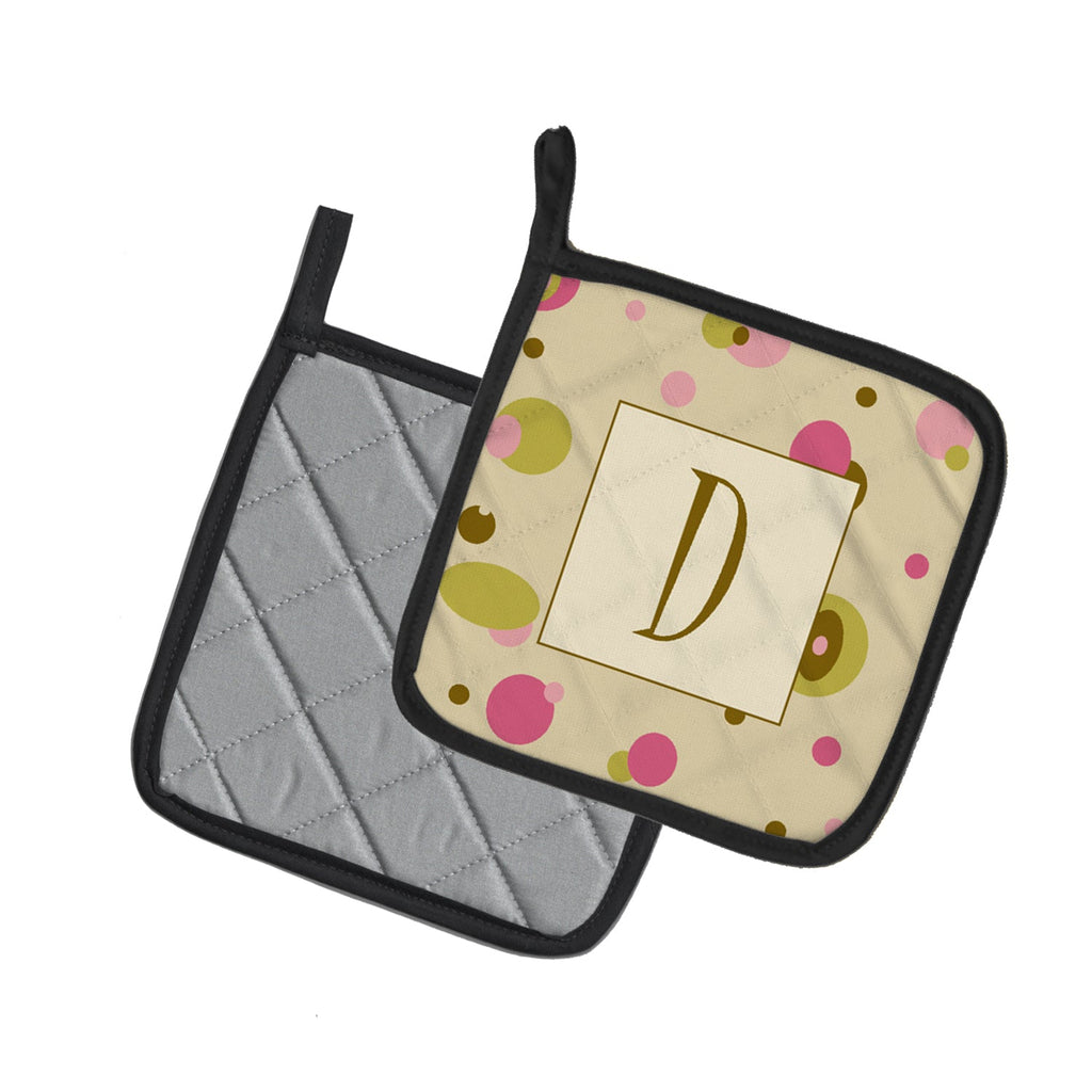 Letter D Initial Monogram - Tan Dots Pot Holder Set of 2 Heat Resistant Quilted Hot Pads 7.5 x 7.5 Inch, Insulated Kitchen Trivets for Cooking & Baking
