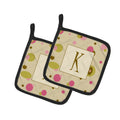 Letter K Initial Monogram - Tan Dots Pot Holder Set of 2 Heat Resistant Quilted Hot Pads 7.5 x 7.5 Inch, Insulated Kitchen Trivets for Cooking & Baking