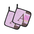 Letter A Monogram - Pink Stripes Pot Holder Set of 2 Heat Resistant Quilted Hot Pads 7.5 x 7.5 Inch, Insulated Kitchen Trivets for Cooking & Baking