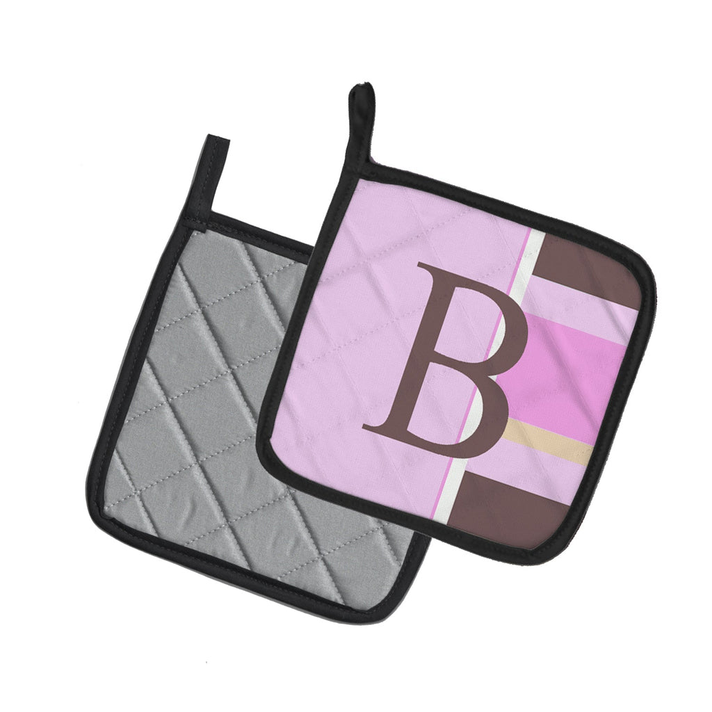 Letter B Initial Monogram - Pink Stripes Pot Holder Set of 2 Heat Resistant Quilted Hot Pads 7.5 x 7.5 Inch, Insulated Kitchen Trivets for Cooking & Baking