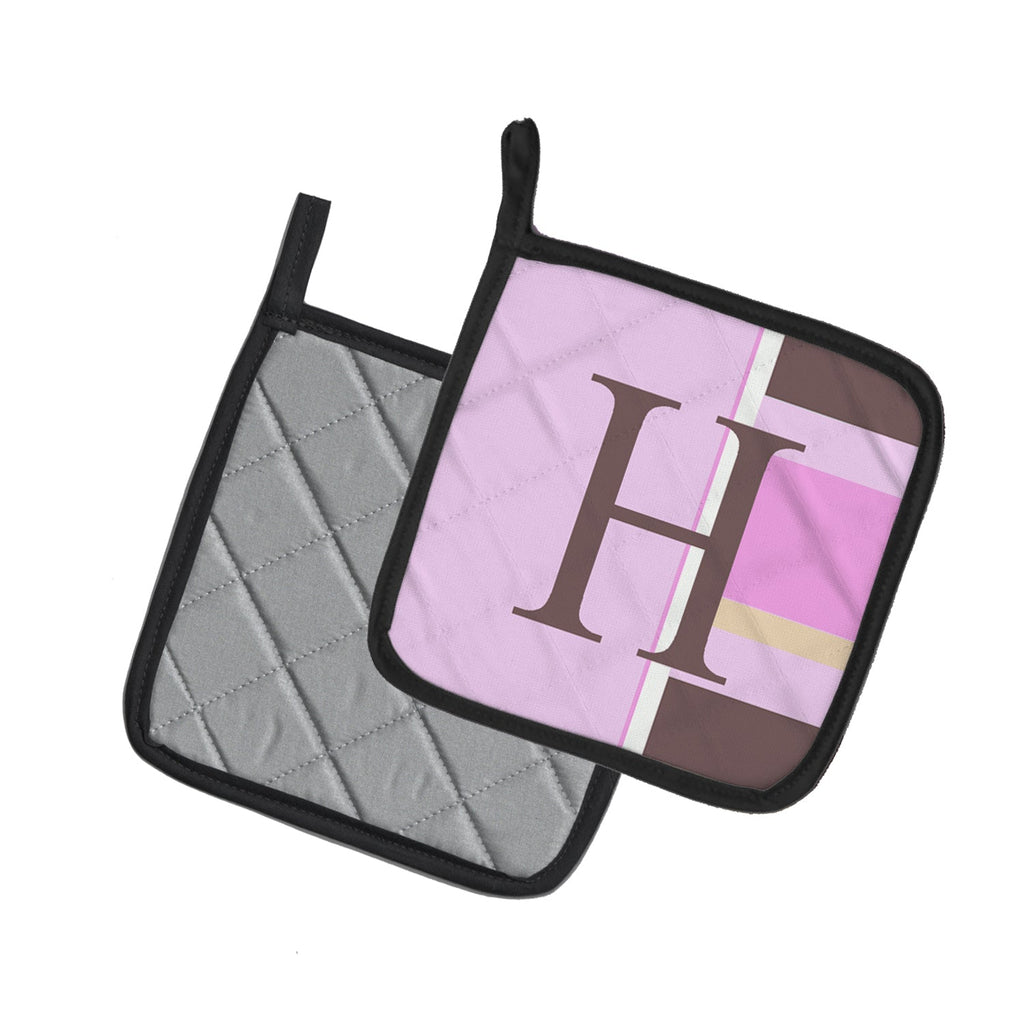 Letter H Initial Monogram - Pink Stripes Pot Holder Set of 2 Heat Resistant Quilted Hot Pads 7.5 x 7.5 Inch, Insulated Kitchen Trivets for Cooking & Baking