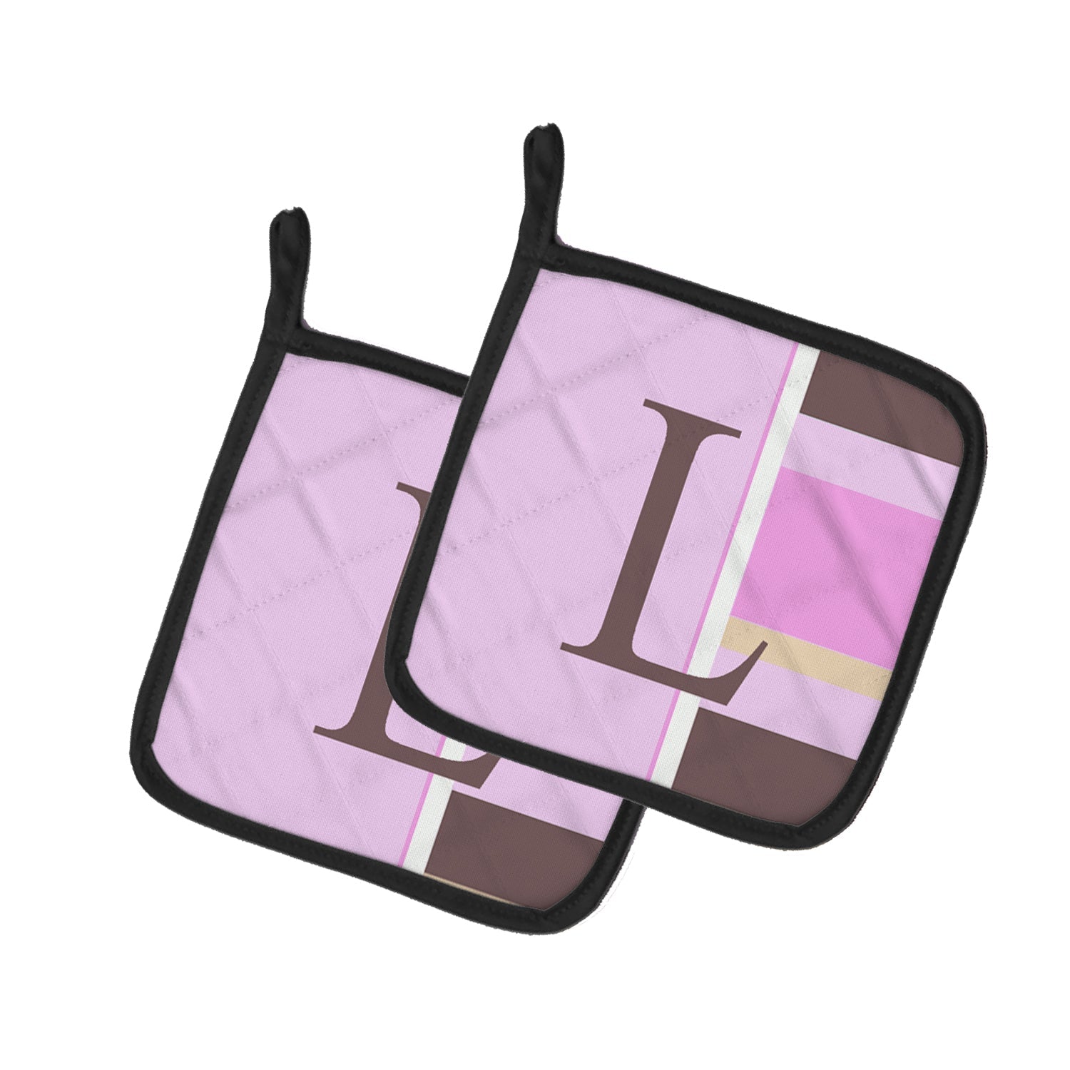 Letter L Initial Monogram - Pink Stripes Pot Holder Set of 2 Heat Resistant Quilted Hot Pads 7.5 x 7.5 Inch, Insulated Kitchen Trivets for Cooking & Baking