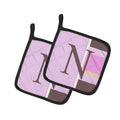 Letter N Initial Monogram - Pink Stripes Pot Holder Set of 2 Heat Resistant Quilted Hot Pads 7.5 x 7.5 Inch, Insulated Kitchen Trivets for Cooking & Baking