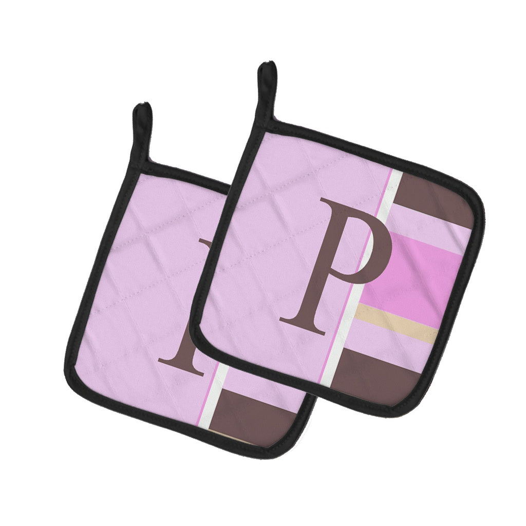Letter P Initial Monogram - Pink Stripes Pot Holder Set of 2 Heat Resistant Quilted Hot Pads 7.5 x 7.5 Inch, Insulated Kitchen Trivets for Cooking & Baking