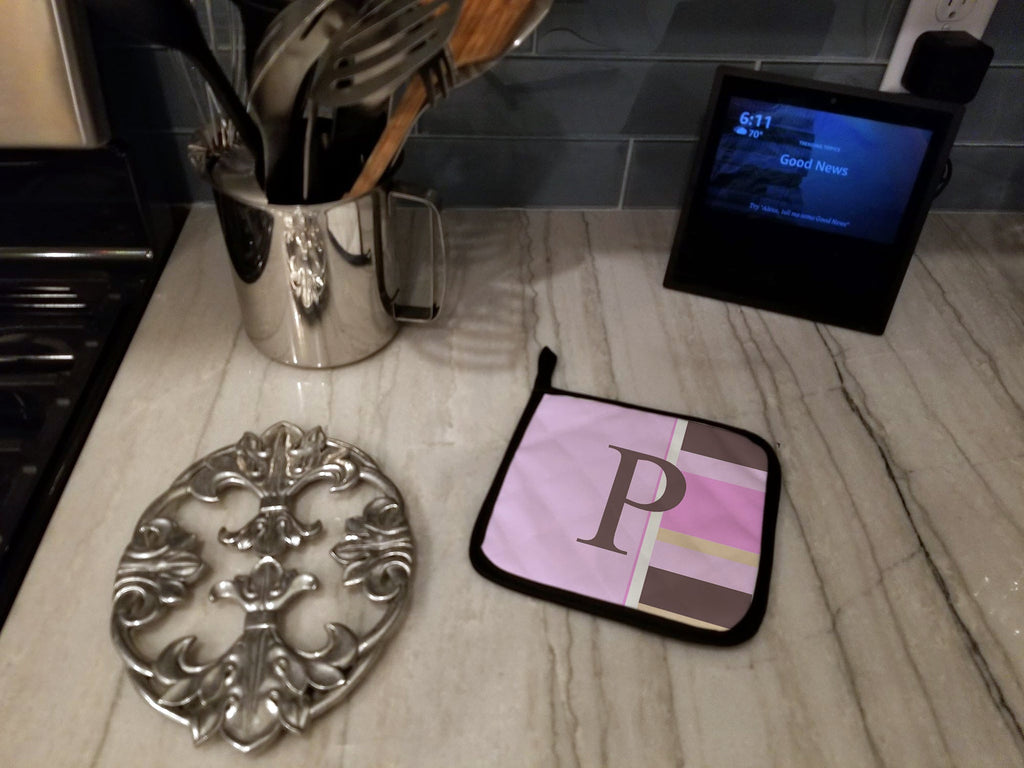 Letter P Initial Monogram - Pink Stripes Pot Holder Set of 2 Heat Resistant Quilted Hot Pads 7.5 x 7.5 Inch, Insulated Kitchen Trivets for Cooking & Baking
