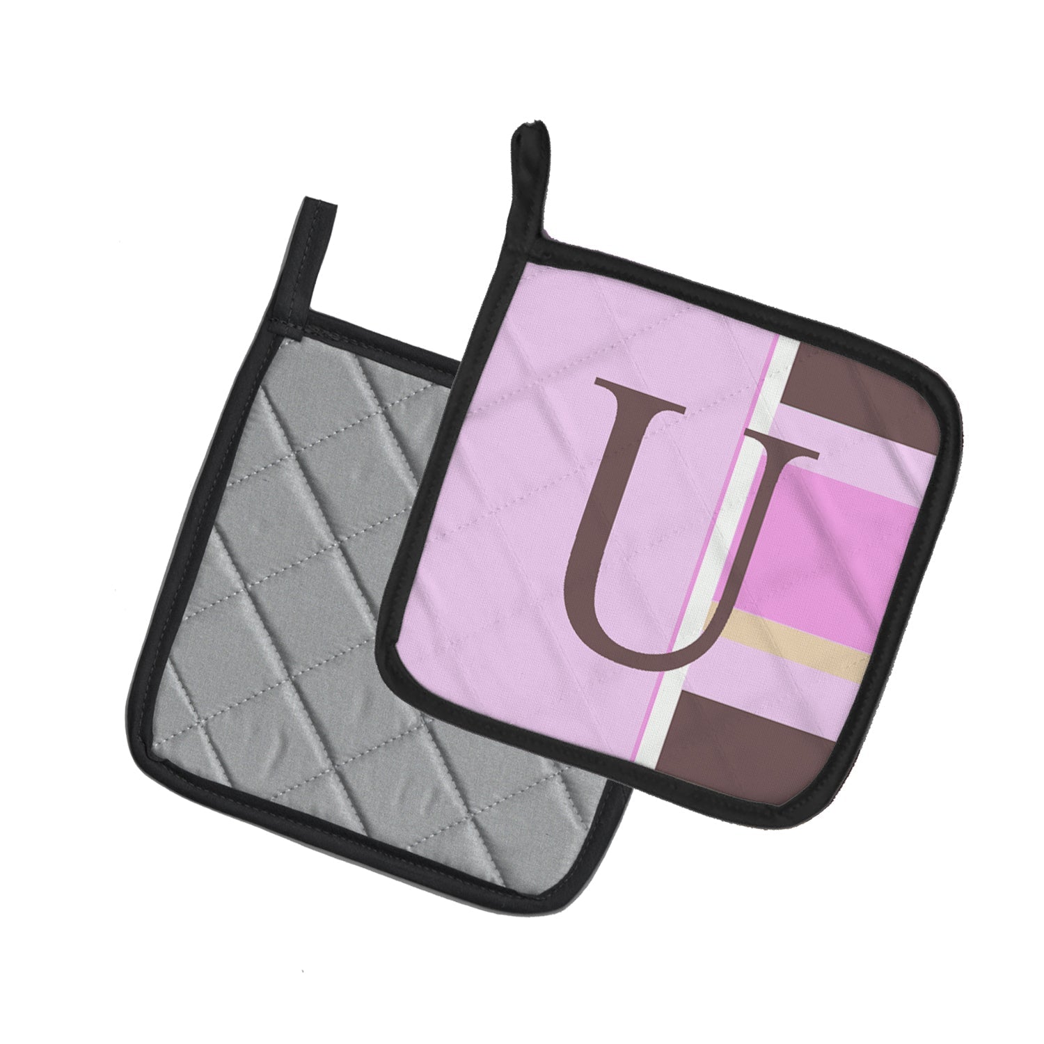 Letter U Initial Monogram - Pink Stripes Pot Holder Set of 2 Heat Resistant Quilted Hot Pads 7.5 x 7.5 Inch, Insulated Kitchen Trivets for Cooking & Baking
