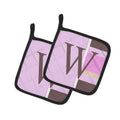 Letter W Initial Monogram - Pink Stripes Pot Holder Set of 2 Heat Resistant Quilted Hot Pads 7.5 x 7.5 Inch, Insulated Kitchen Trivets for Cooking & Baking