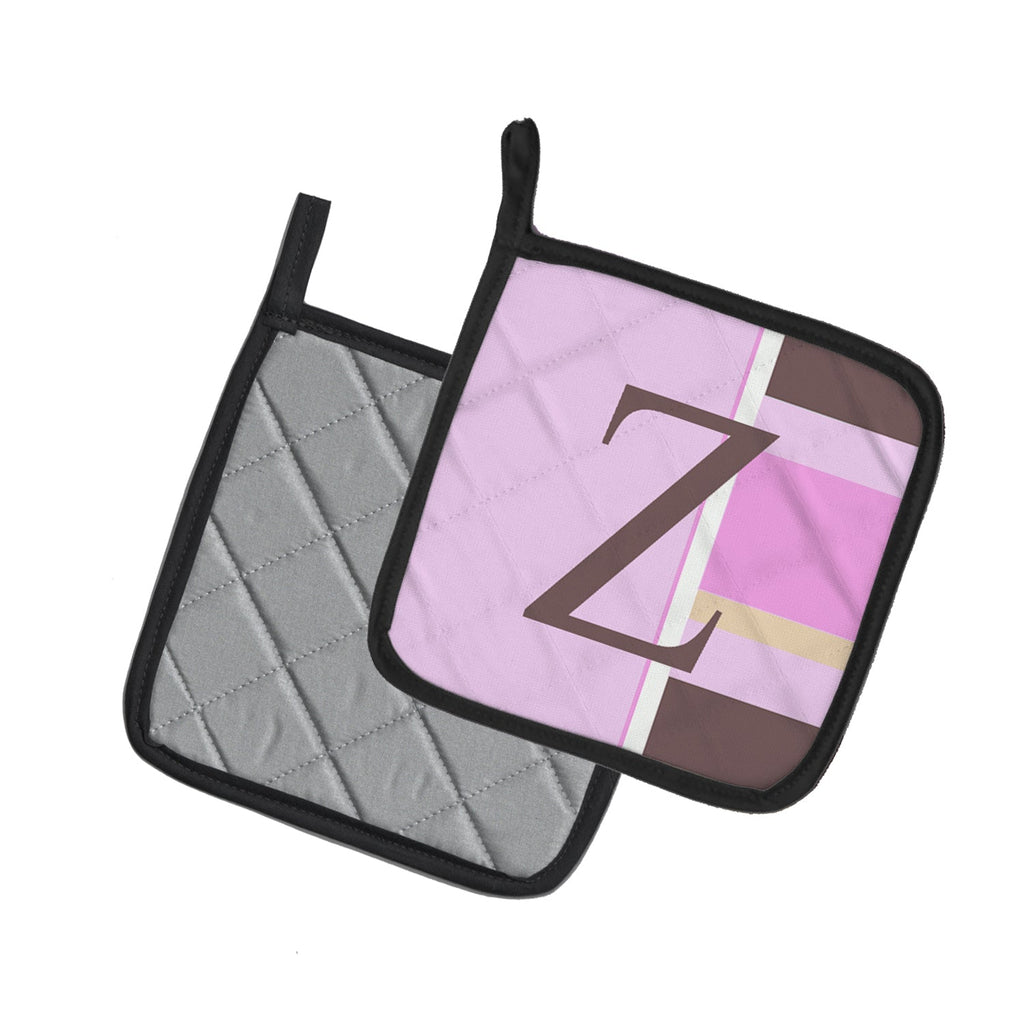 Letter Z Initial Monogram - Pink Stripes Pot Holder Set of 2 Heat Resistant Quilted Hot Pads 7.5 x 7.5 Inch, Insulated Kitchen Trivets for Cooking & Baking