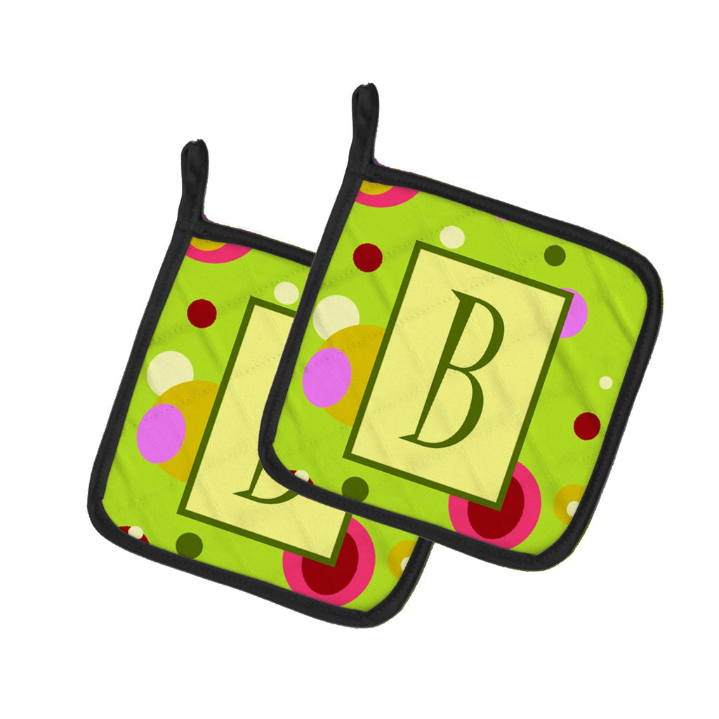 Letter B Monogram - Lime Green Pot Holder Set of 2 Heat Resistant Quilted Hot Pads 7.5 x 7.5 Inch, Insulated Kitchen Trivets for Cooking & Baking
