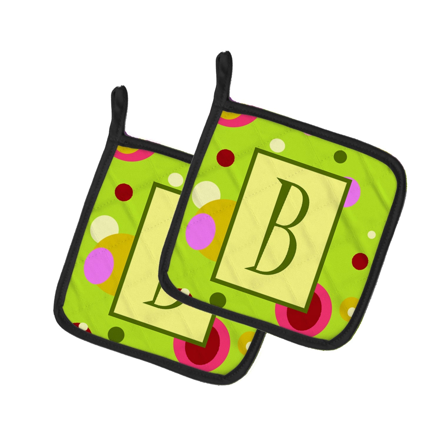 Letter B Monogram - Lime Green Pot Holder Set of 2 Heat Resistant Quilted Hot Pads 7.5 x 7.5 Inch, Insulated Kitchen Trivets for Cooking & Baking