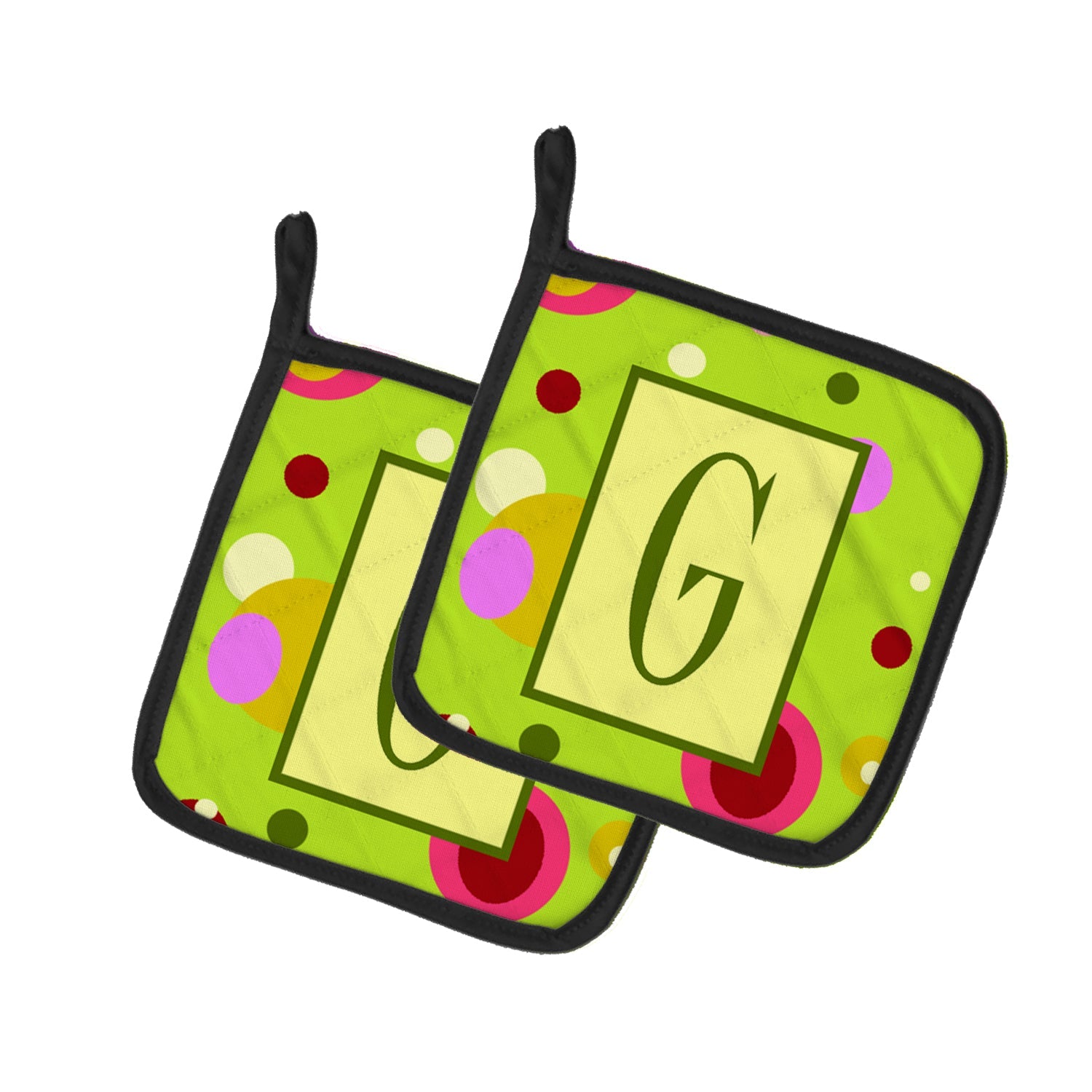 Letter G Monogram - Lime Green Pot Holder Set of 2 Heat Resistant Quilted Hot Pads 7.5 x 7.5 Inch, Insulated Kitchen Trivets for Cooking & Baking