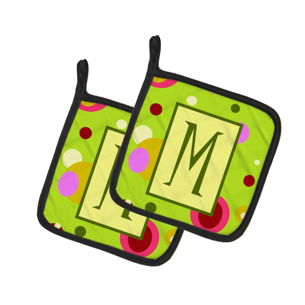 Letter M Monogram - Lime Green Pot Holder Set of 2 Heat Resistant Quilted Hot Pads 7.5 x 7.5 Inch, Insulated Kitchen Trivets for Cooking & Baking