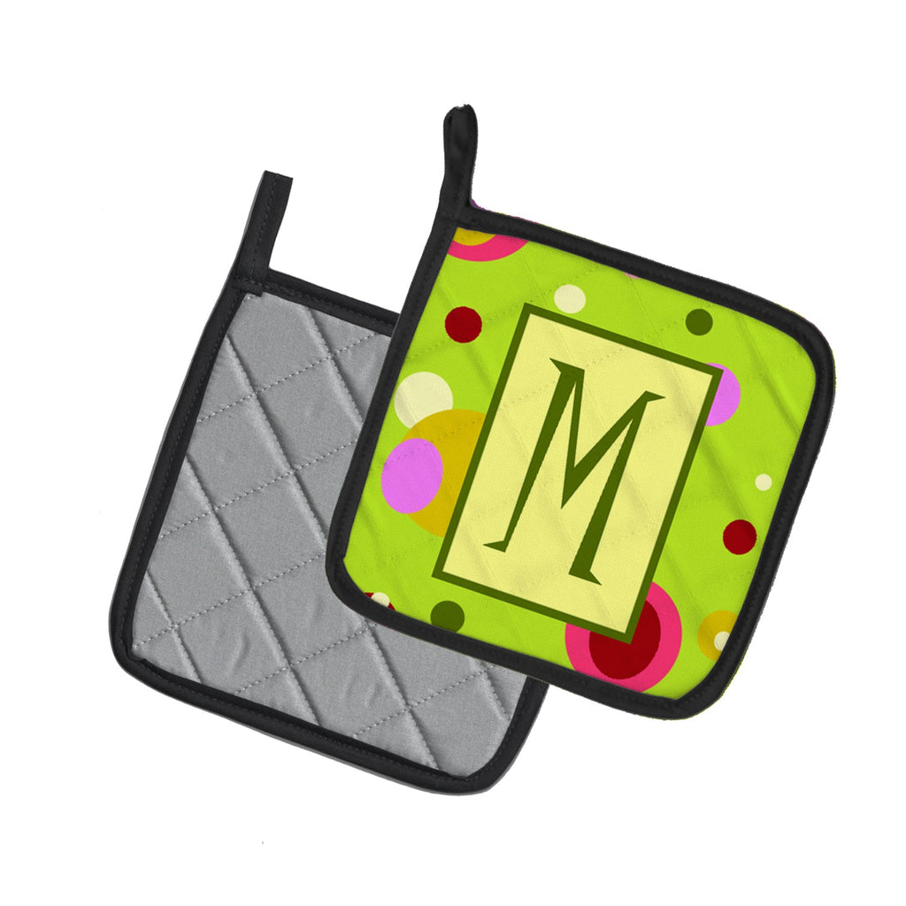 Letter M Monogram - Lime Green Pot Holder Set of 2 Heat Resistant Quilted Hot Pads 7.5 x 7.5 Inch, Insulated Kitchen Trivets for Cooking & Baking