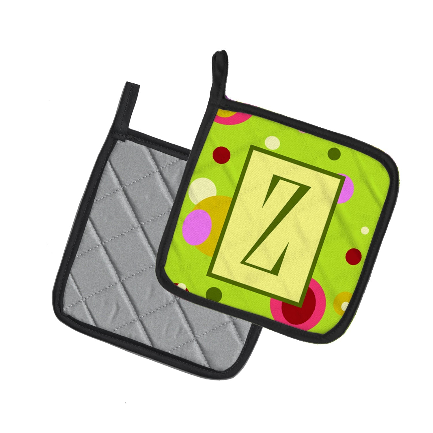 Letter Z Monogram - Lime Green Pot Holder Set of 2 Heat Resistant Quilted Hot Pads 7.5 x 7.5 Inch, Insulated Kitchen Trivets for Cooking & Baking