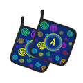 Letter A Monogram - Blue Swirls Pot Holder Set of 2 Heat Resistant Quilted Hot Pads 7.5 x 7.5 Inch, Insulated Kitchen Trivets for Cooking & Baking
